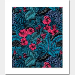 Tropical garden in blue and red Posters and Art